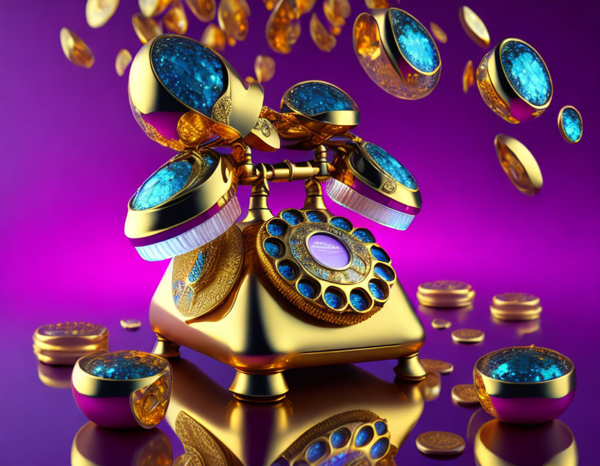 Vintage Golden Telephone with Blue Gemstones Among Floating Coins and Gems on Purple Background