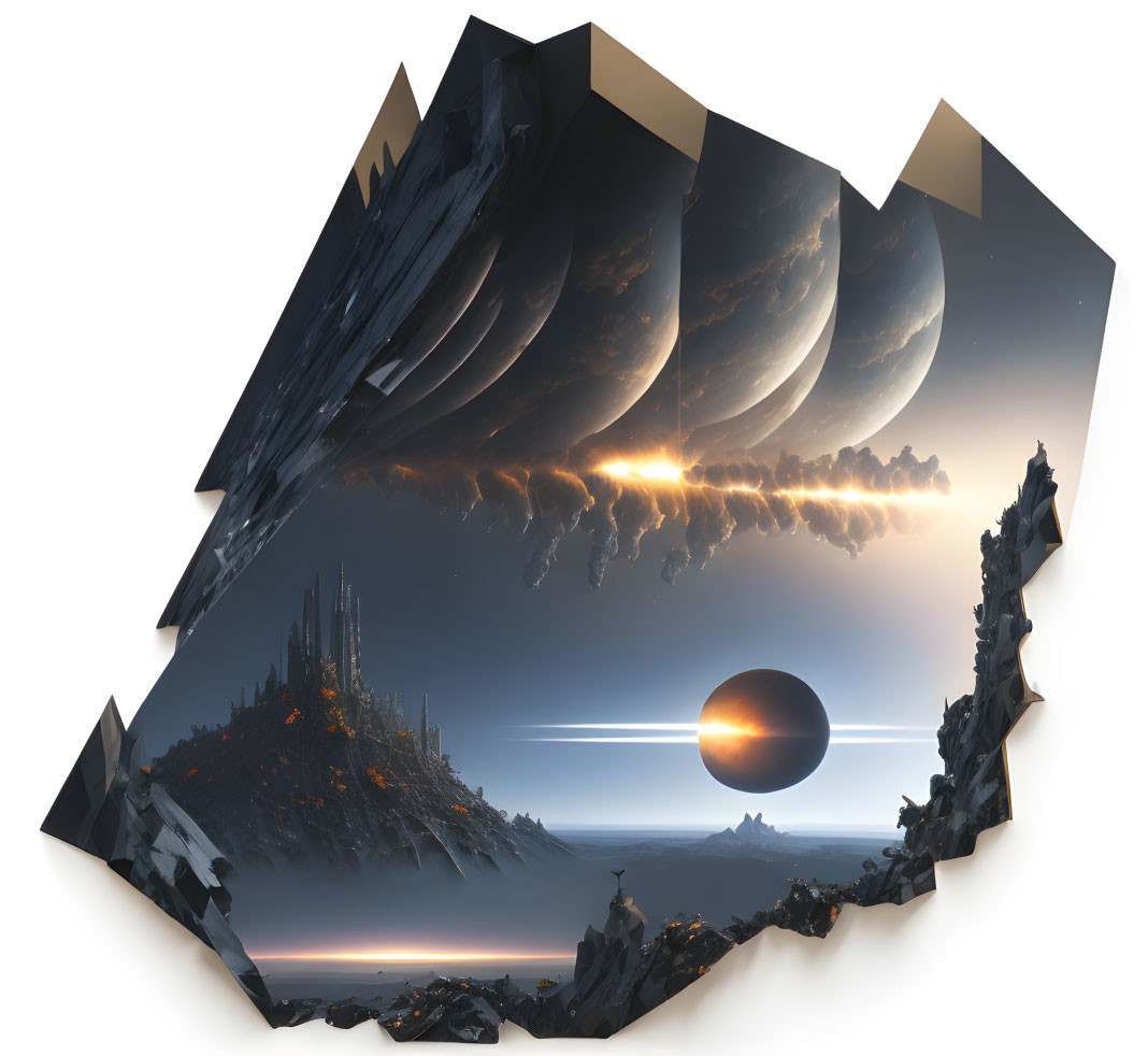 Surreal landscape with celestial bodies and city under cliffs