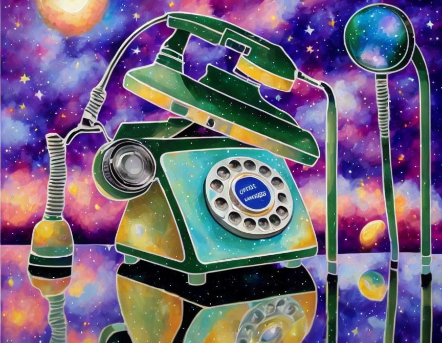 Vintage rotary phone with cosmic background and floating objects.