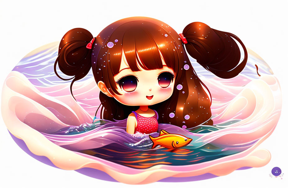 Stylized young girl with big eyes and dark hair in water with orange fish