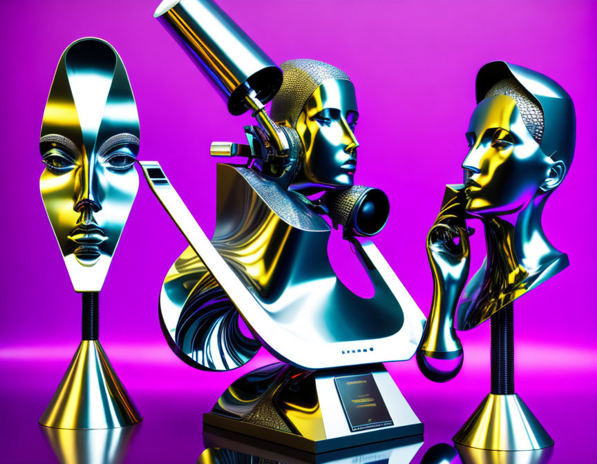 Reflective Metallic Mannequin Heads Near Microscope on Purple Background