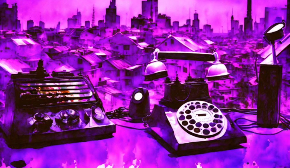 Stylized vintage communication gadgets in purple cityscape