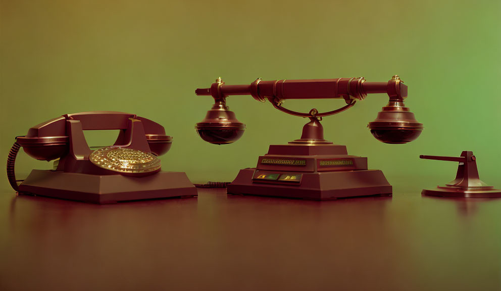 Assorted vintage telephones on green background