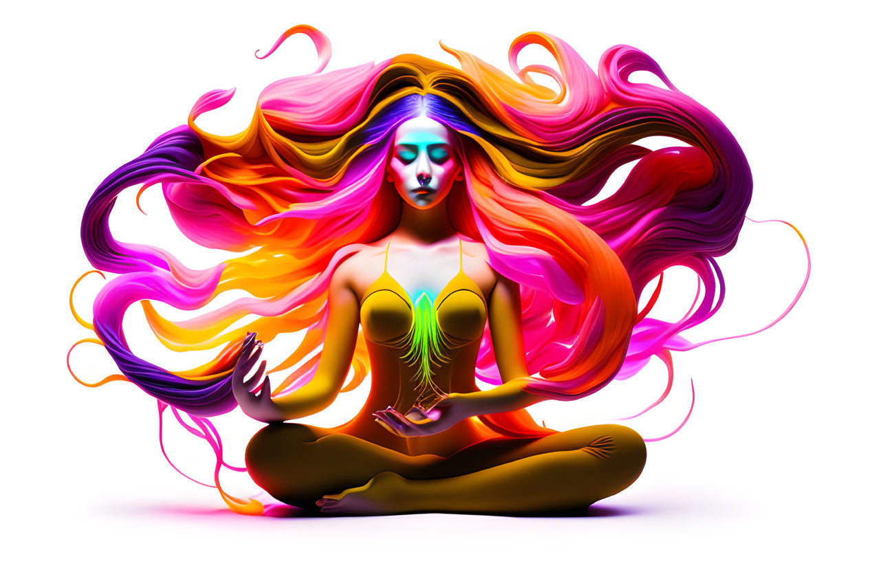 Colorful illustration: Woman in meditative pose with flowing, vibrant hair