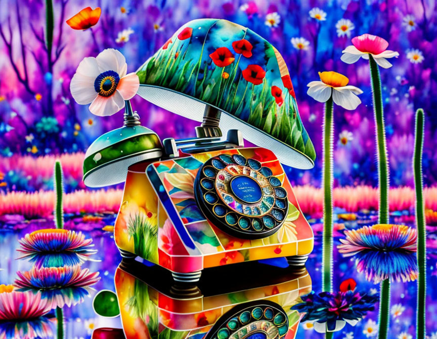 Colorful Vintage Rotary Phone Artwork with Floral Patterns