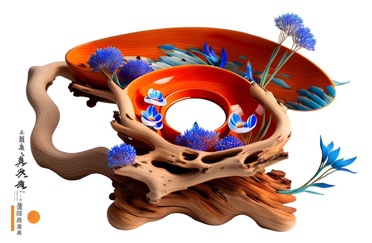 Colorful digital artwork: wooden structure holding orange bowl with blue flowers and Asian calligraphy on white background