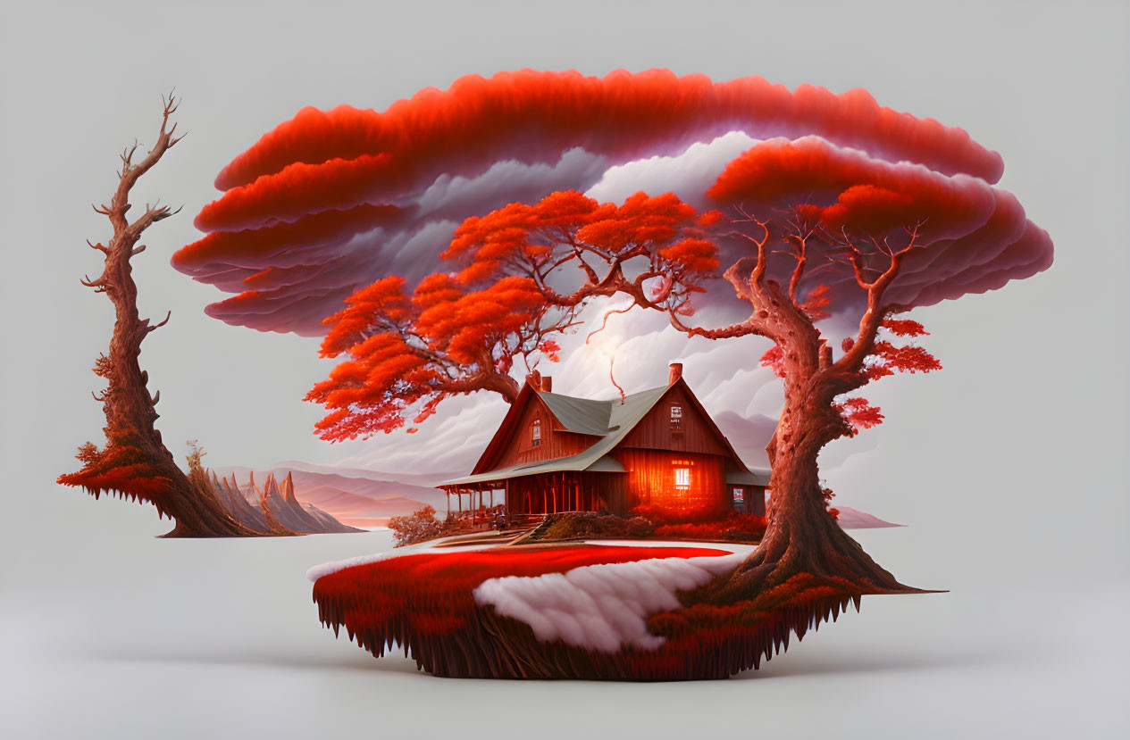 Surreal floating island with red-roofed cabin and orange trees