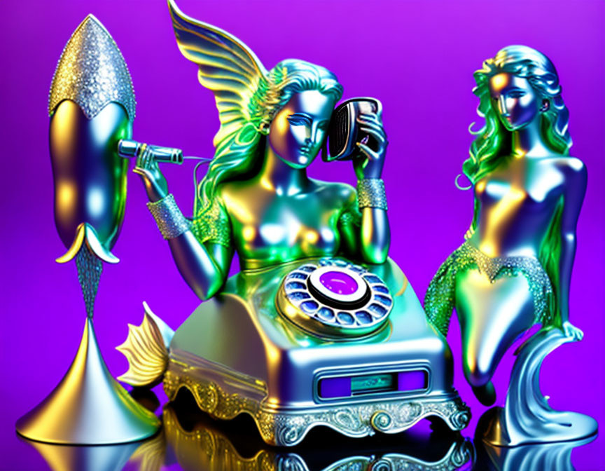 Digital art: Two mermaid figures by an old telephone on purple background