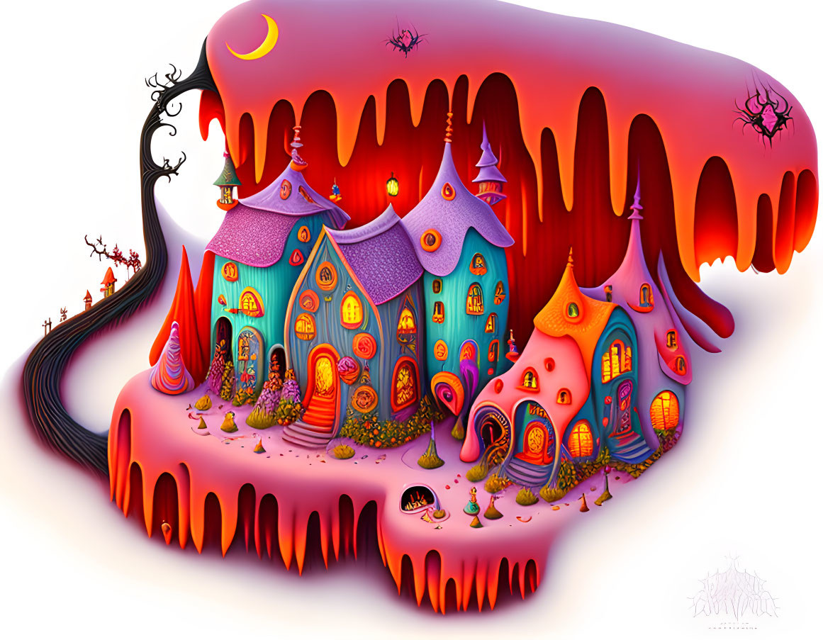 Colorful surreal painting of whimsical landscape with fantasy houses, twisted path, spiders, and crescent