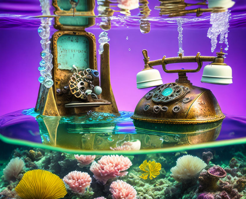 Vintage Telephone and Cash Register Submerged in Water with Coral Reef and Purple Background