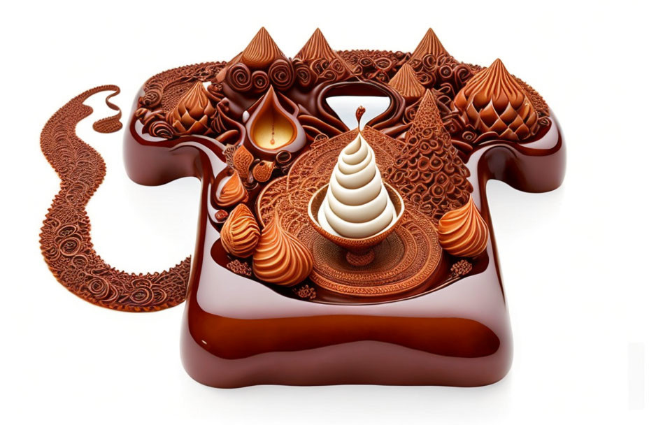 Swirling Chocolate Patterns and Cream-like Shapes in Abstract 3D Art