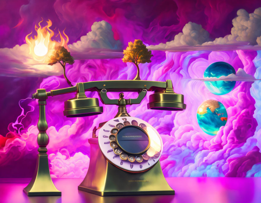 Vintage Telephone with Surreal Clouds, Burning Trees, and Planets