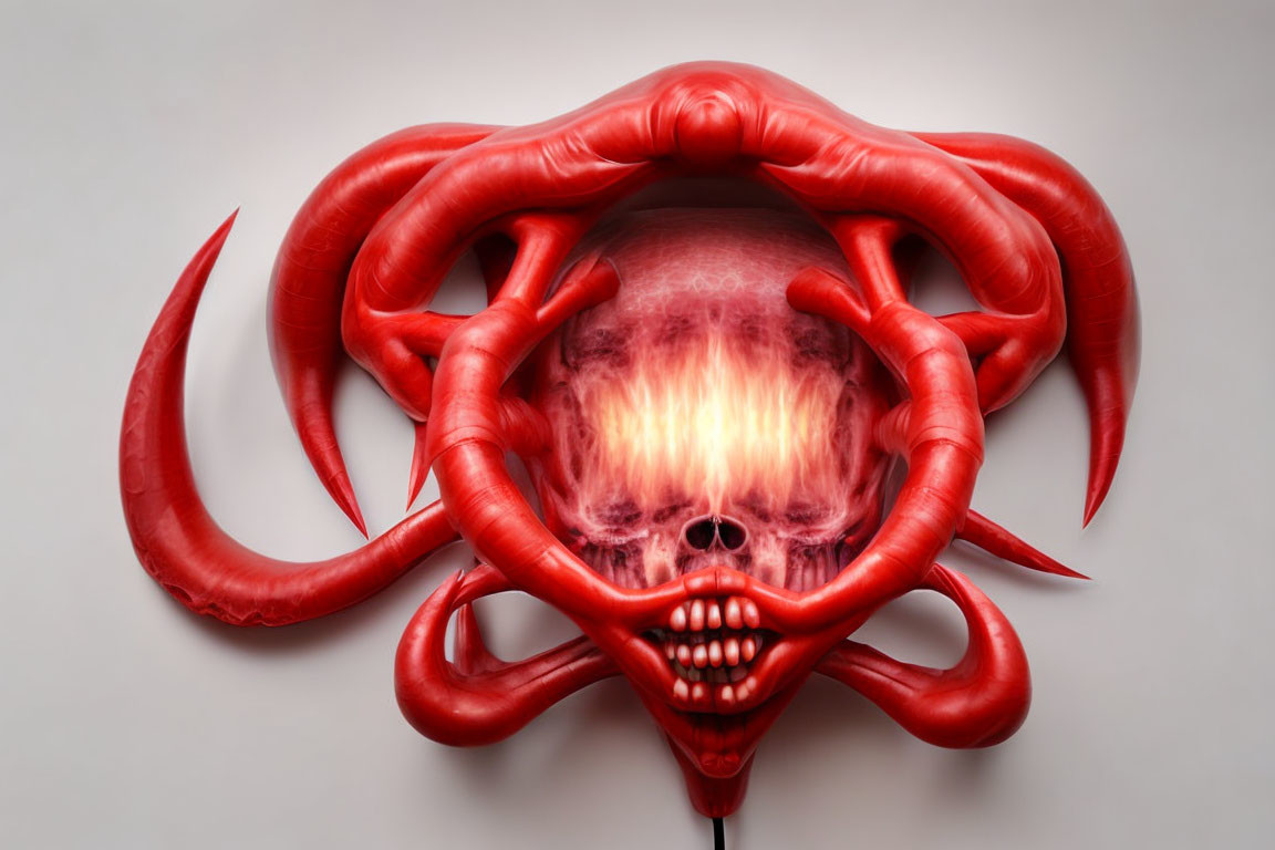 Flaming skull with red tentacles on pale backdrop