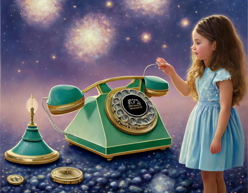 Young girl in blue dress gazes at vintage green telephone on starry background