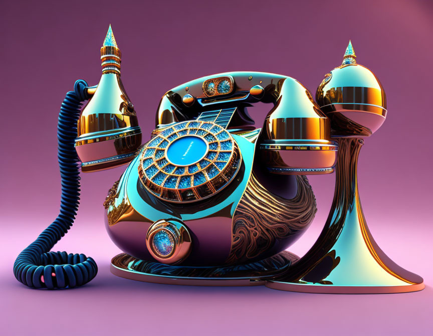 Colorful futuristic rendition of classic telephone on purple background