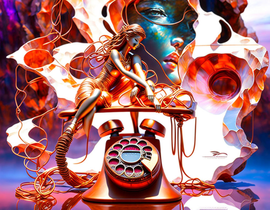 Surreal artwork: woman on rotary phone with abstract flames & giant face