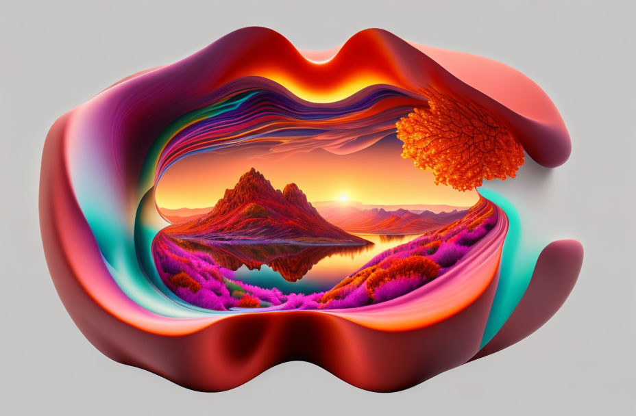 Colorful Sunset Mountain Landscape with Surreal Abstract Flower Shapes