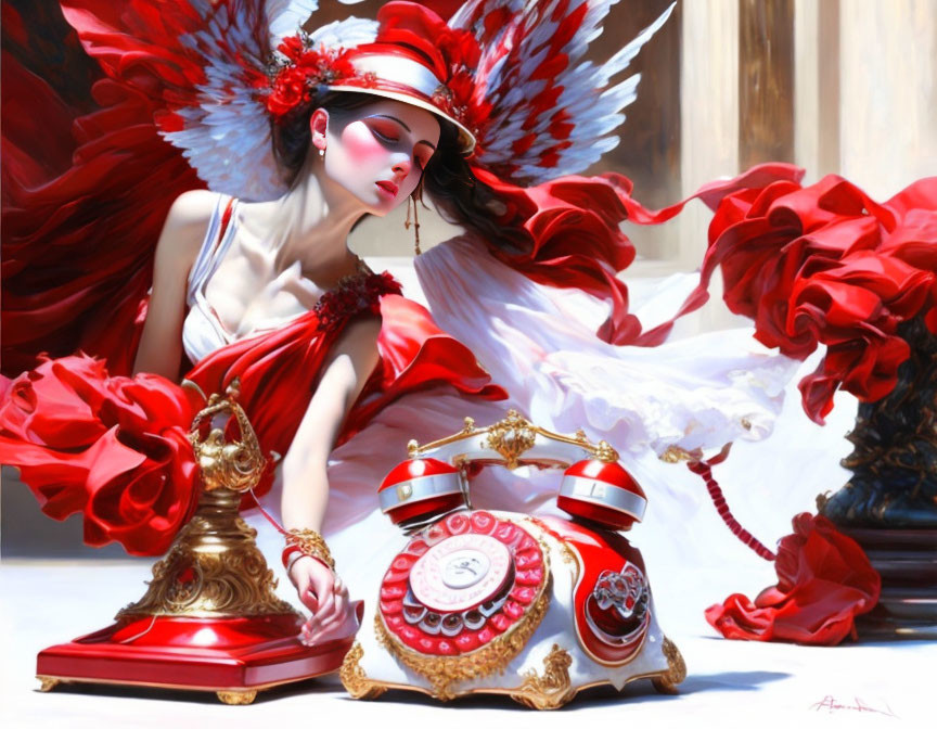 Elaborate Red and White Outfit with Feathered Headpiece Near Vintage Red Telephone