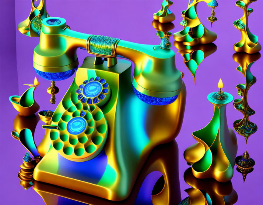 Colorful Surreal Image: Retro Telephone Transforms with Floating Candles on Purple Background