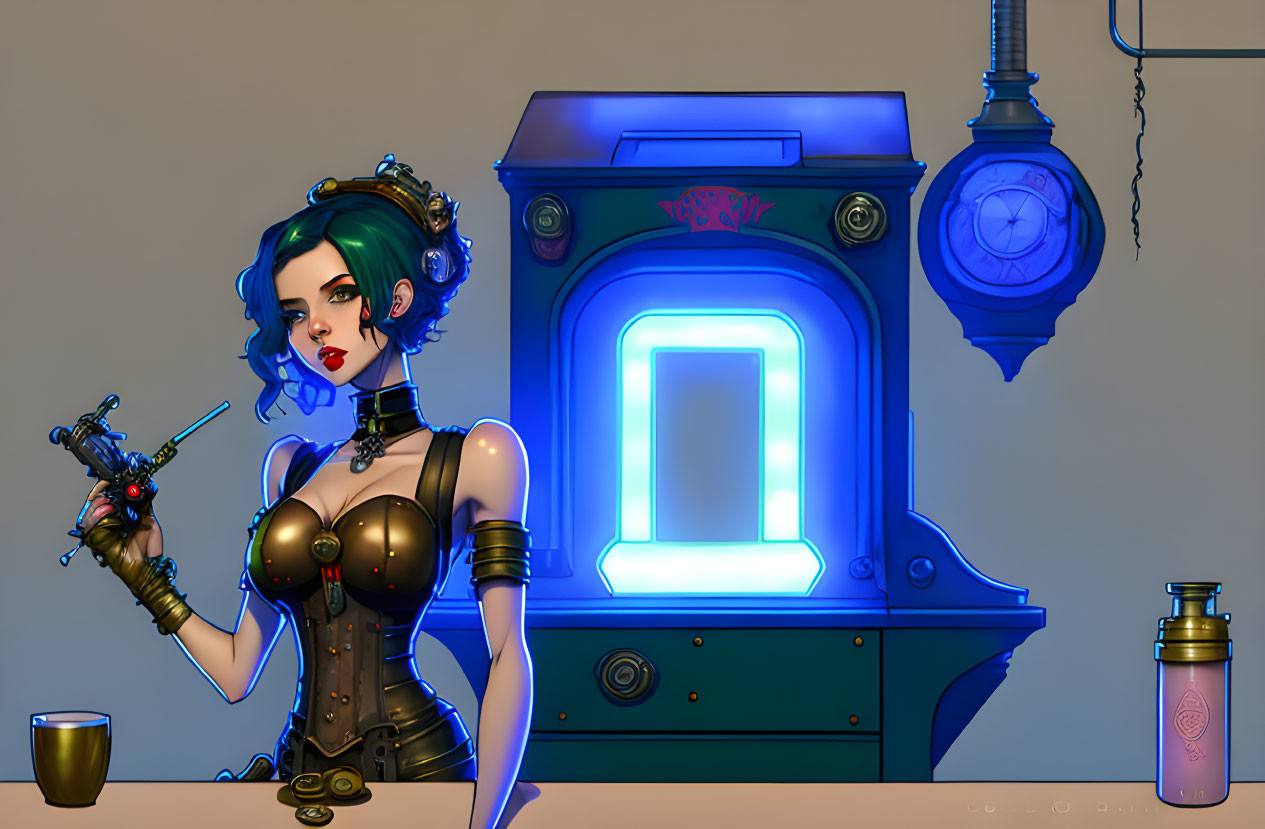 Stylized female character with green hair in steampunk attire holding futuristic gun beside glowing blue machine