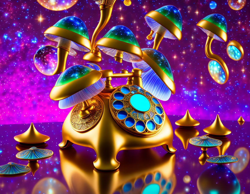 Surreal vintage telephone melting with mushroom shapes on purple starry background