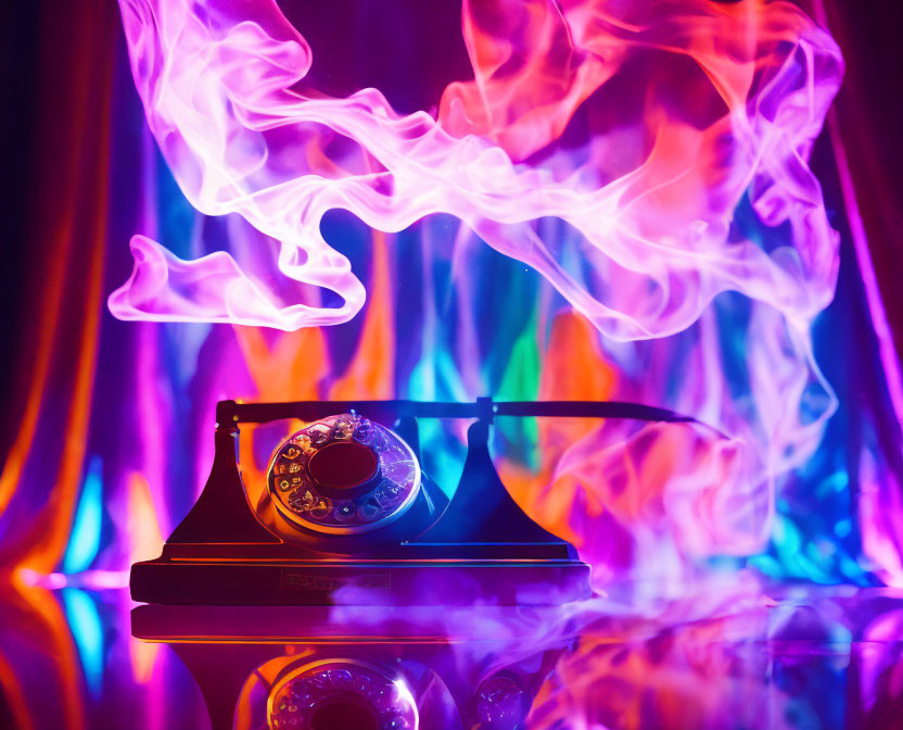 Vintage Rotary Phone Surrounded by Purple and Blue Smoke on Colorful Background