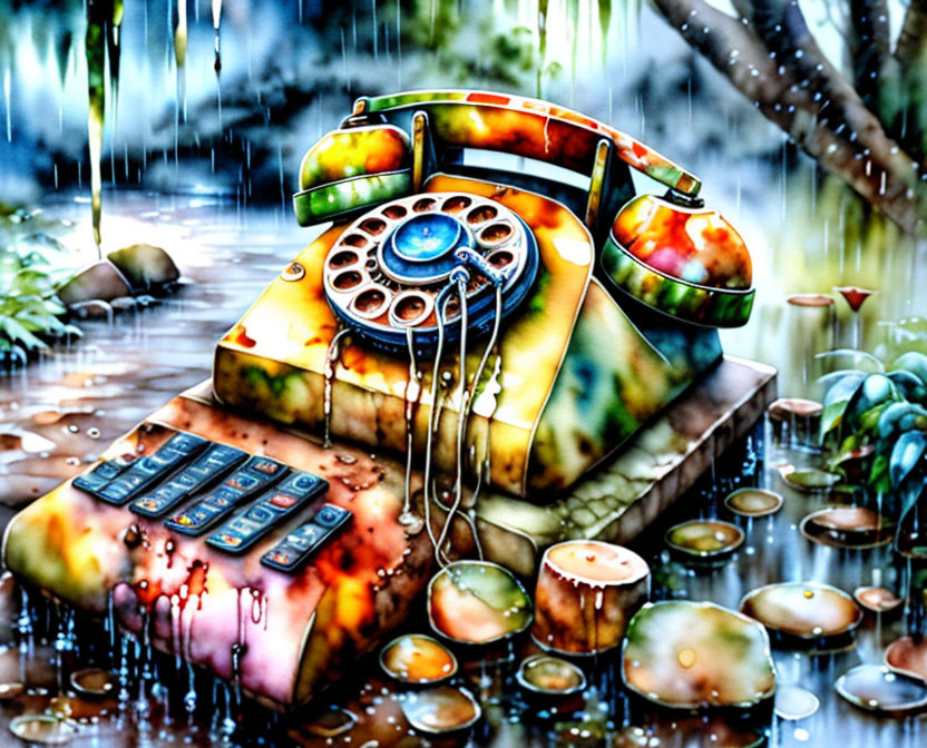 Vibrant artwork featuring vintage rotary phone and modern keypad in melting scene.