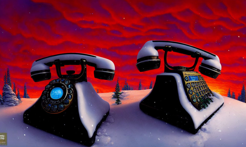 Vintage telephones in snowy landscape with red sky and silhouetted trees