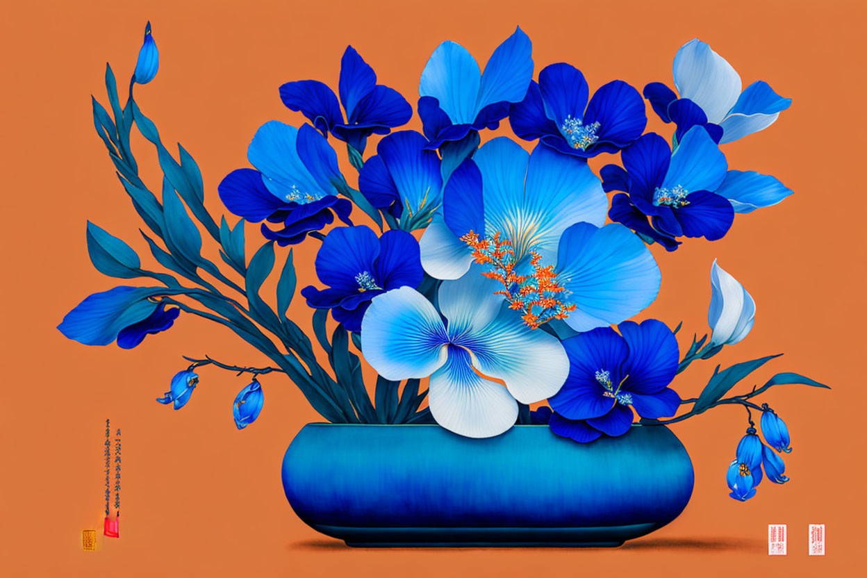 Colorful digital artwork: Blue flowers in orange vase on orange background