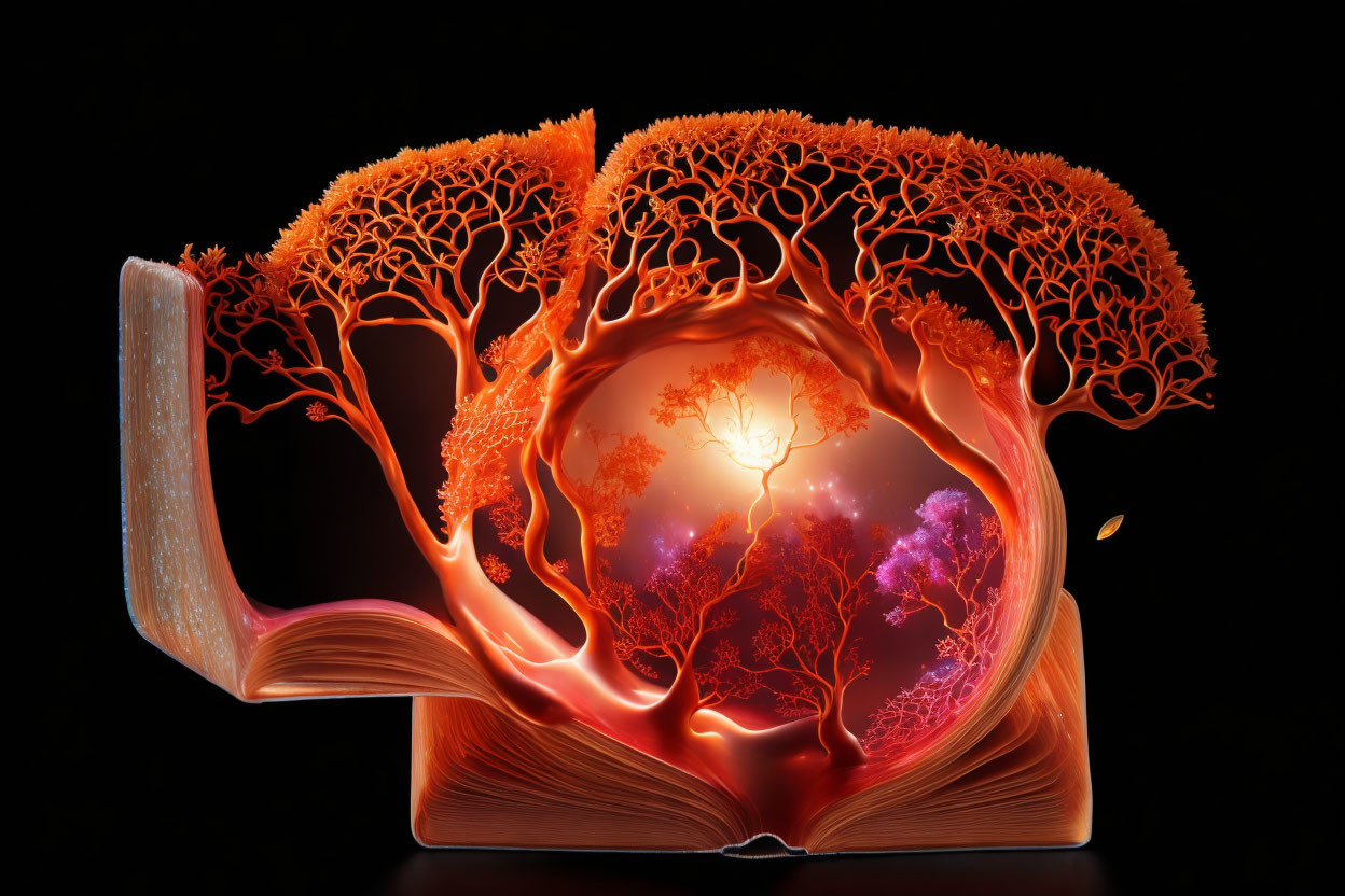 Open book with glowing orange tree forest scene.