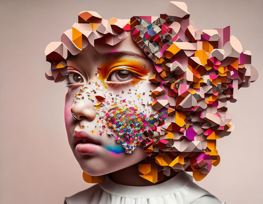 Abstract digital art: woman's face disintegrating into colorful geometric fragments