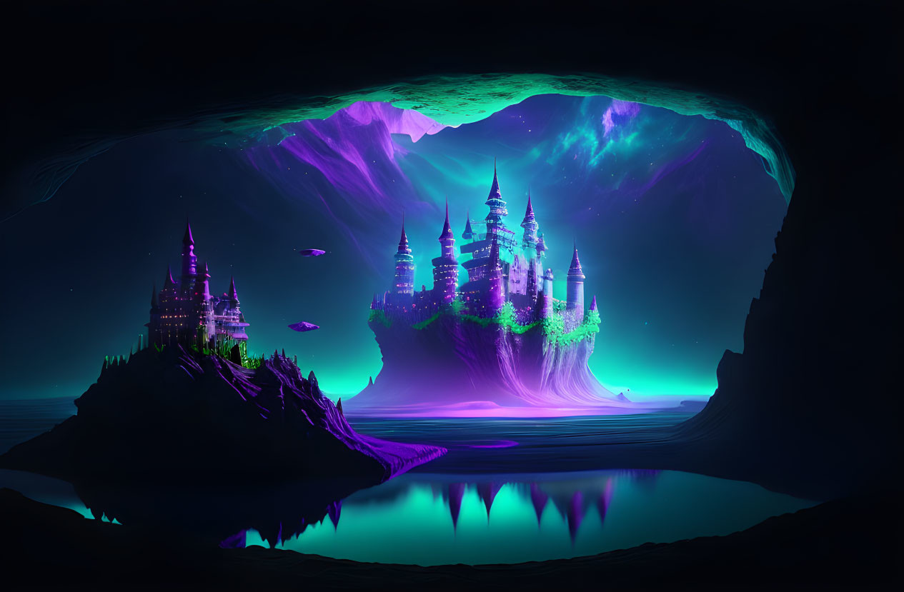 Neon-lit castle on cliff reflected in still water