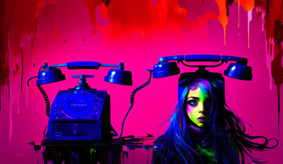 Colorful neon woman with telephone on head on magenta backdrop