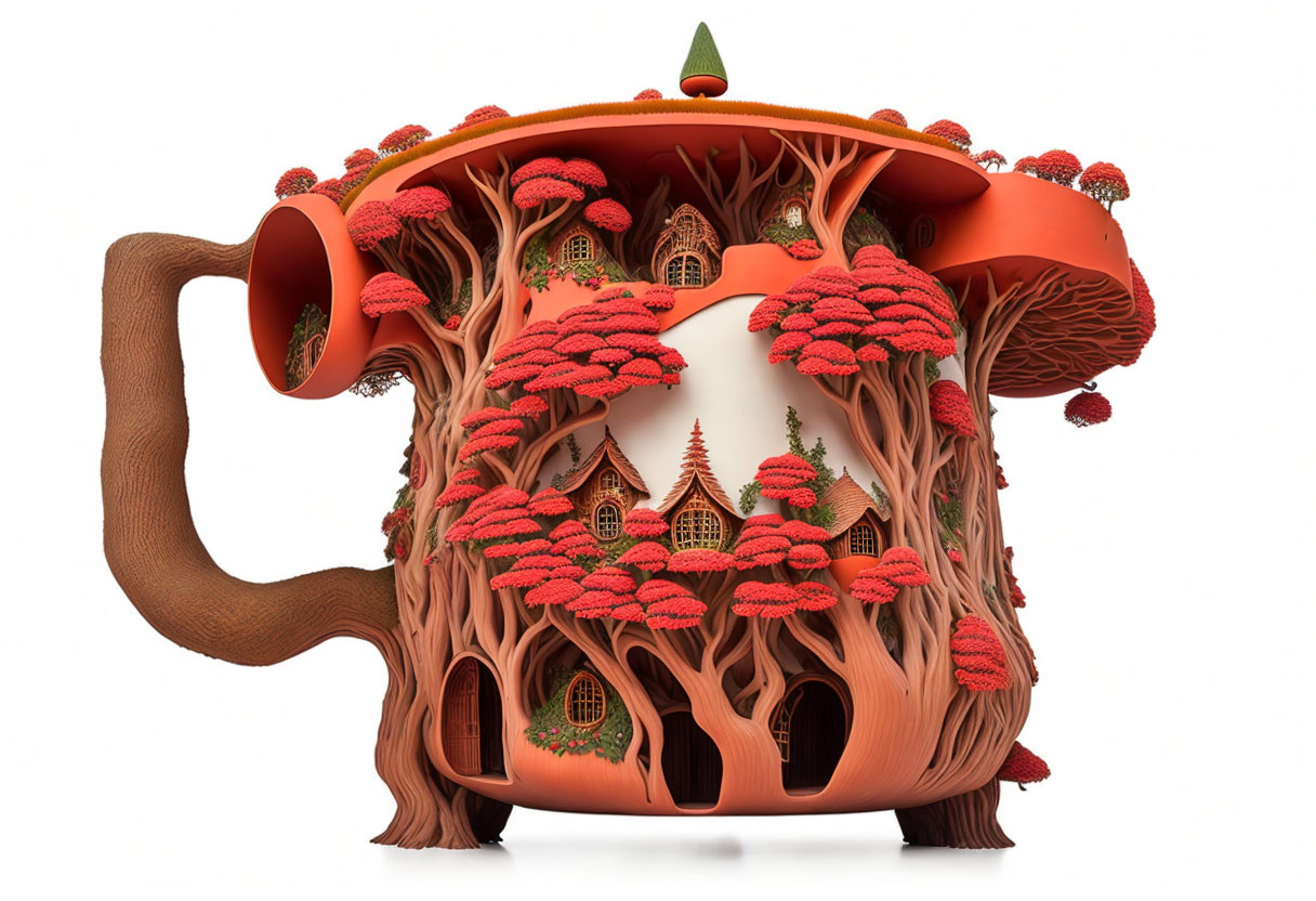 Whimsical teapot with mushroom cap lid and tree-like designs