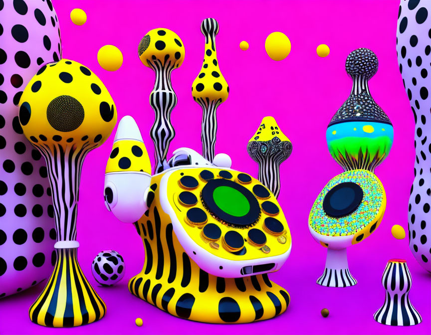 Vibrant 3D Digital Art Scene with Abstract Shapes on Pink Background