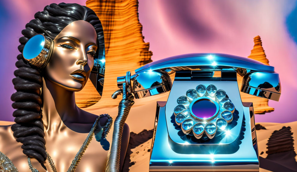 Metallic female mannequin and retro telephone in surreal desert setting