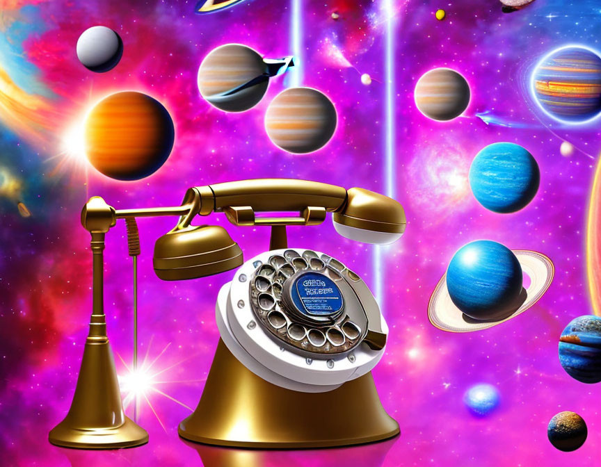 Vintage Rotary Telephone on Celestial Space Background