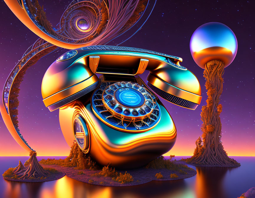 Surreal digital artwork of metallic rotary phone in twilight sky