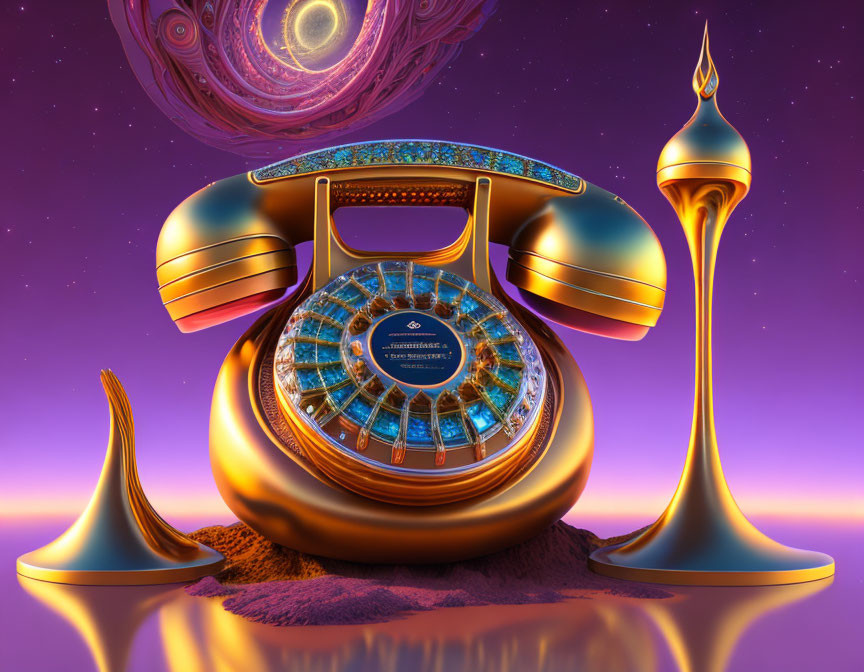 Artistic Surreal Vintage Telephone on Purple Cosmic Background