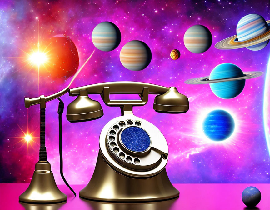 Vintage Rotary Telephone with Cosmic Background and Colorful Planets, Stars, Nebulas