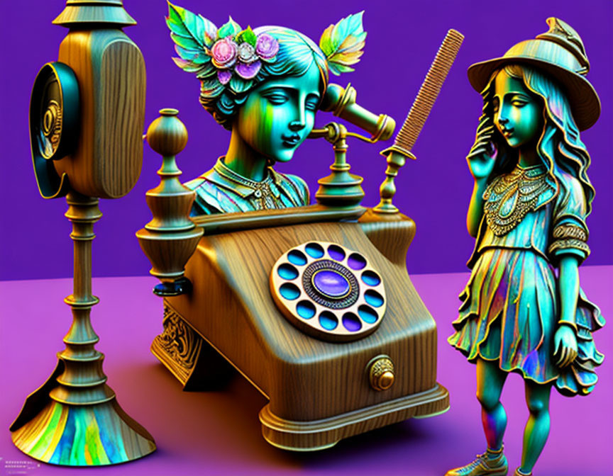 Surreal vintage telephone with stylized characters in bright colors