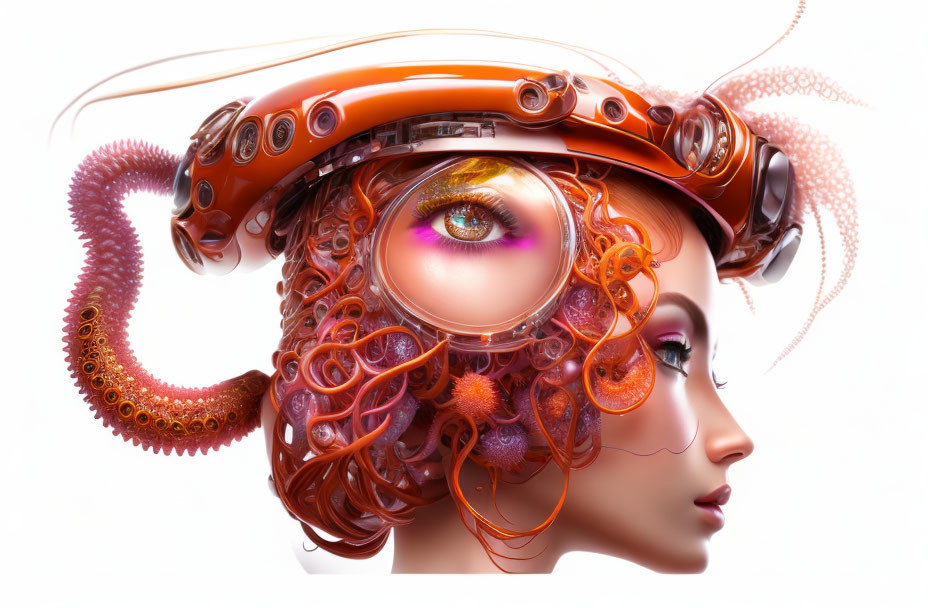 Surreal digital artwork of female face with sci-fi headpiece