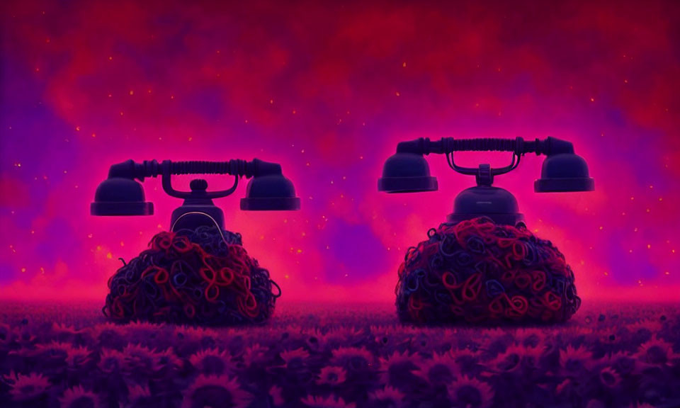 Vintage telephones with entangled cords on flower field under purple sky