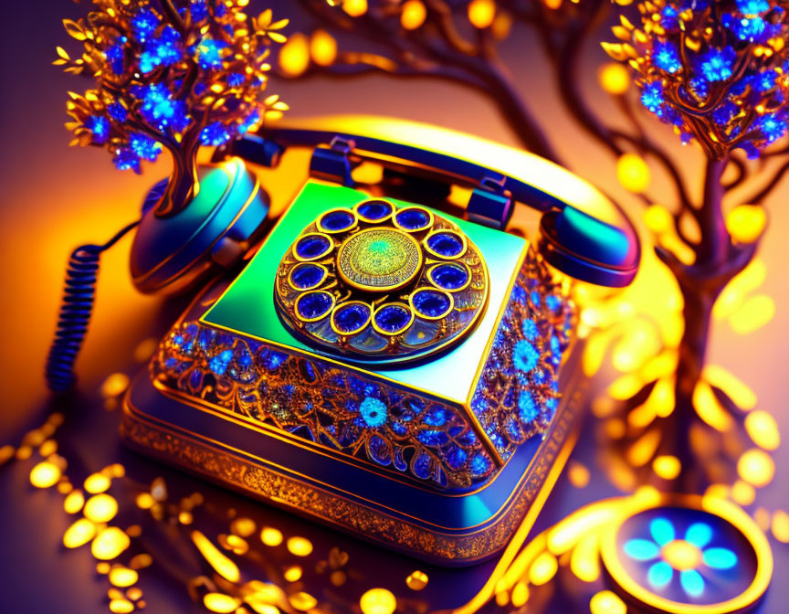 Vintage rotary phone with ornate decorations against glowing backdrop.