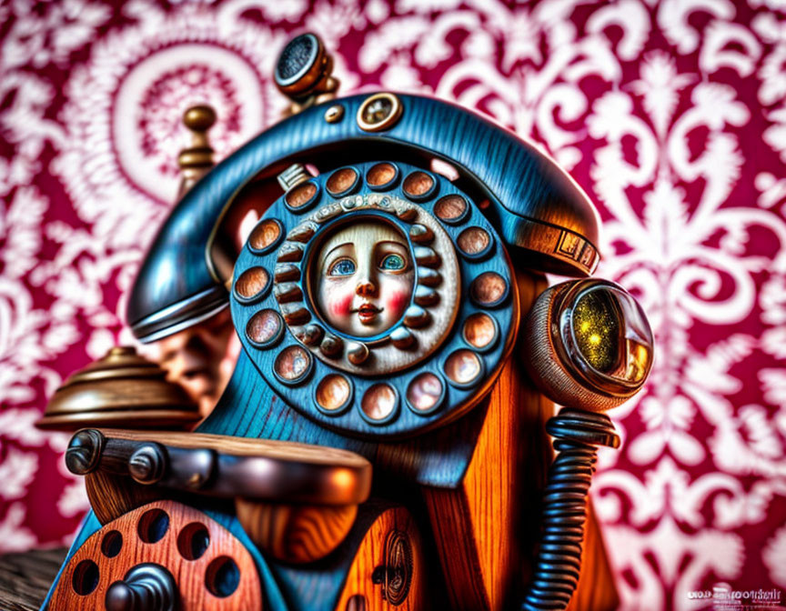 Vintage rotary phone with human-like face on dial against red backdrop