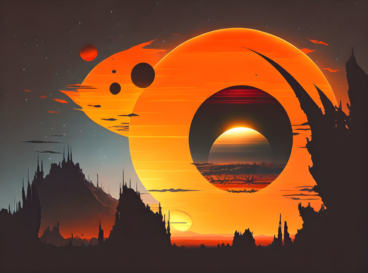 Sci-fi landscape with orange sun, planets, and spiky terrain