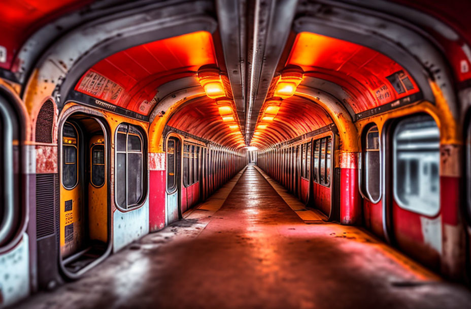 Vintage Train Car Interior with Red and Orange Color Scheme