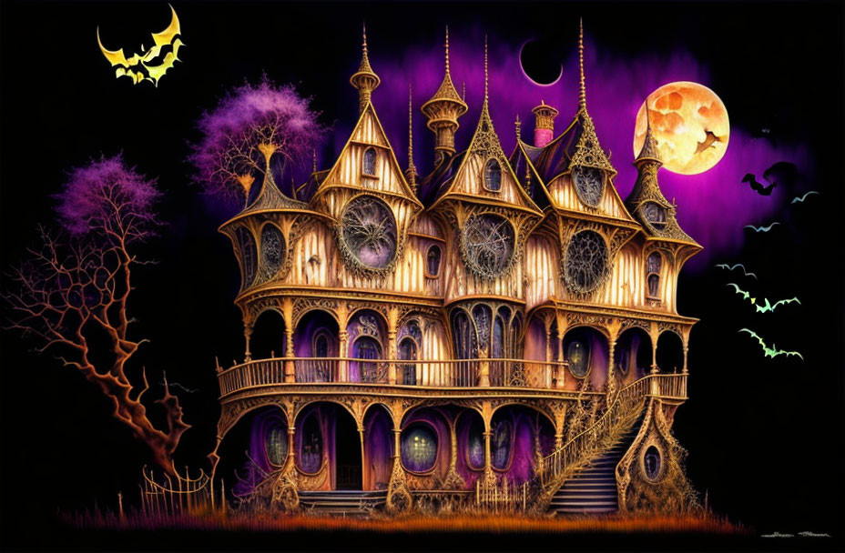 Spooky Victorian mansion under full moon with bats