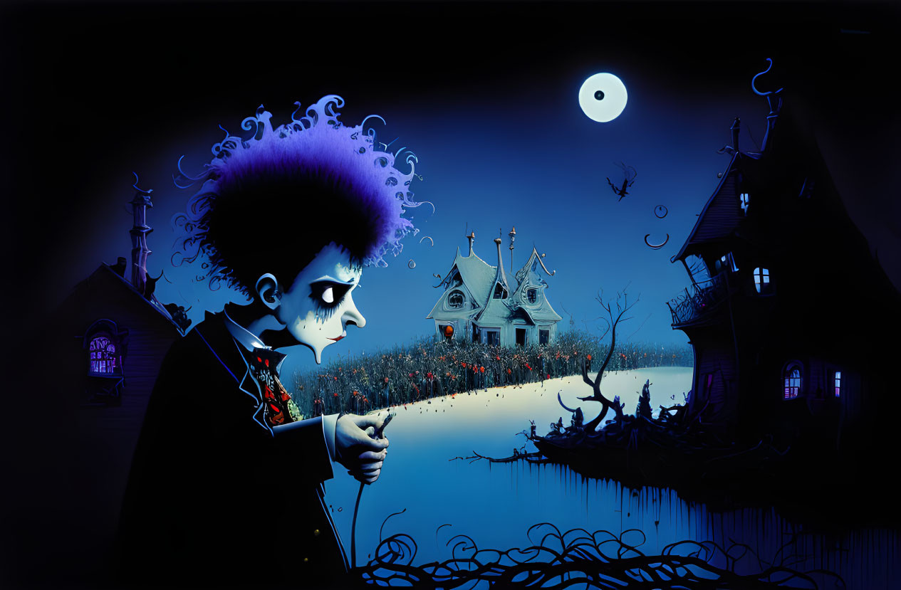 Gothic-themed illustration: character with dark afro, mansion backdrop, crescent moon