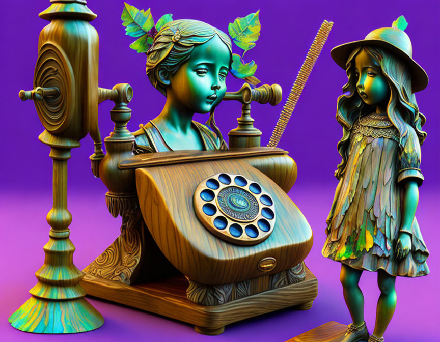 Colorful digital artwork: retro telephone, streetlamp, stylized female figures in vintage attire on purple